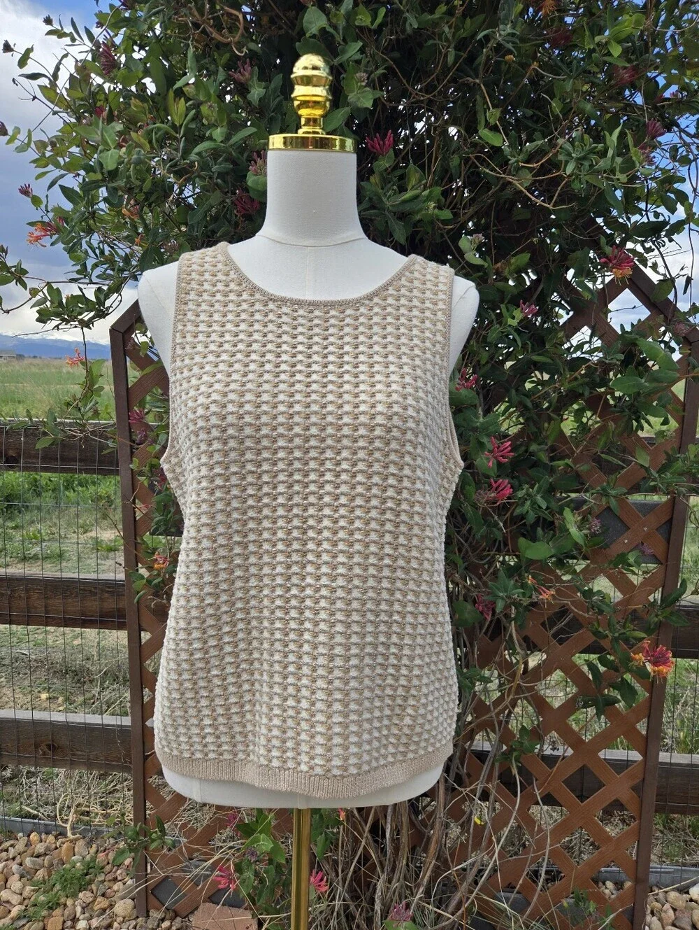 Ann Taylor Women's Sleeveless Textured Knit Sweater Top - Cream & Tan - Size 4